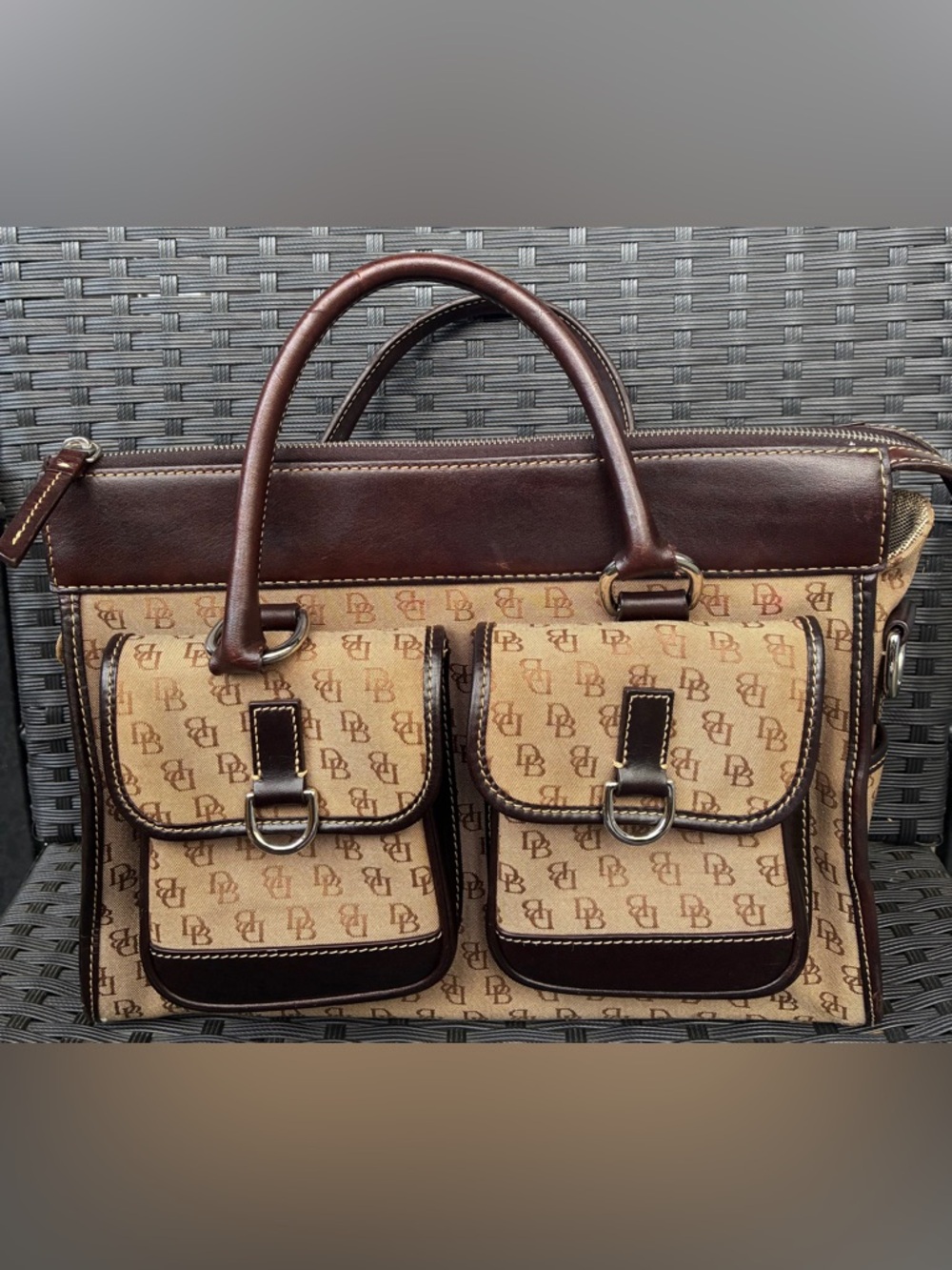 Dooney & Bourke Brown and Tan Signature Double-Pocket Satchel - Picture 6 of 16